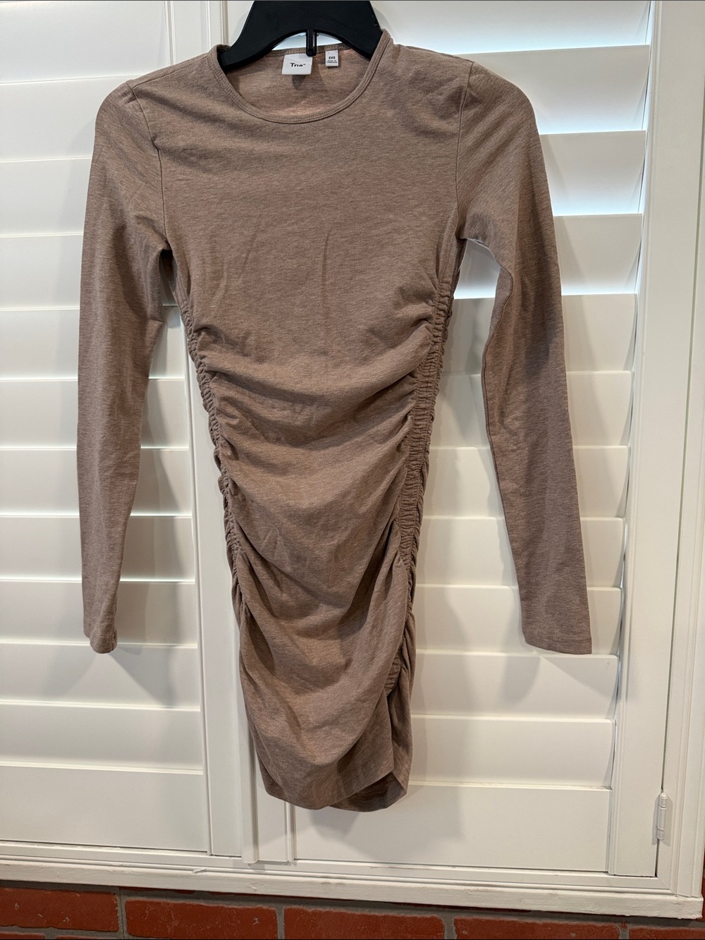 TNA Long-Sleeve Ruched Bodycon Dress in Taupe